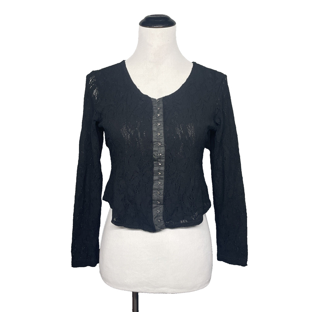 Vtg 90s Anxiety Cafe Black Lace Hook & Eye Crop Top Long Slv Goth Grunge XS READ